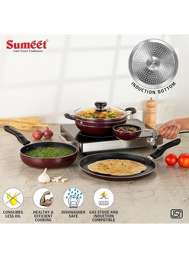 سوميت طقم أواني طهي من الألومنيوم غير اللاصق بقاعدة حثية من سلسلة "Elegantia" من Sumeet - مكون من 5 قطع: صاج "دوسا" (28 سم) / مقلاة عميقة (Kadai) مع غطاء زجاجي / مقلاة للقلي (21.5 سم) / وعاء بسعة 1550 مل / مقلاة تحمير صغيرة (Tadka Pan) | مناسب للاستخدام على مواقد الغاز والحث الحراري | اللون: كرزي - Image 3