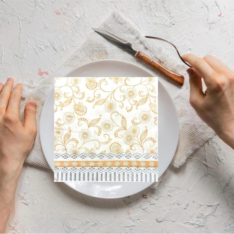 NICE Touch مناديل ورقية مطبوعة بلمسة حريرية (50 سحب لكل عبوة، 200 ورقة، 33 × 33 سم) | عبوة من 4 مناديل مطبوعة | مناديل طاولة 2 طبقة | أساسية للحفلات | أنماط زهرية وهندسية، ذهبية وفضية - Image 5