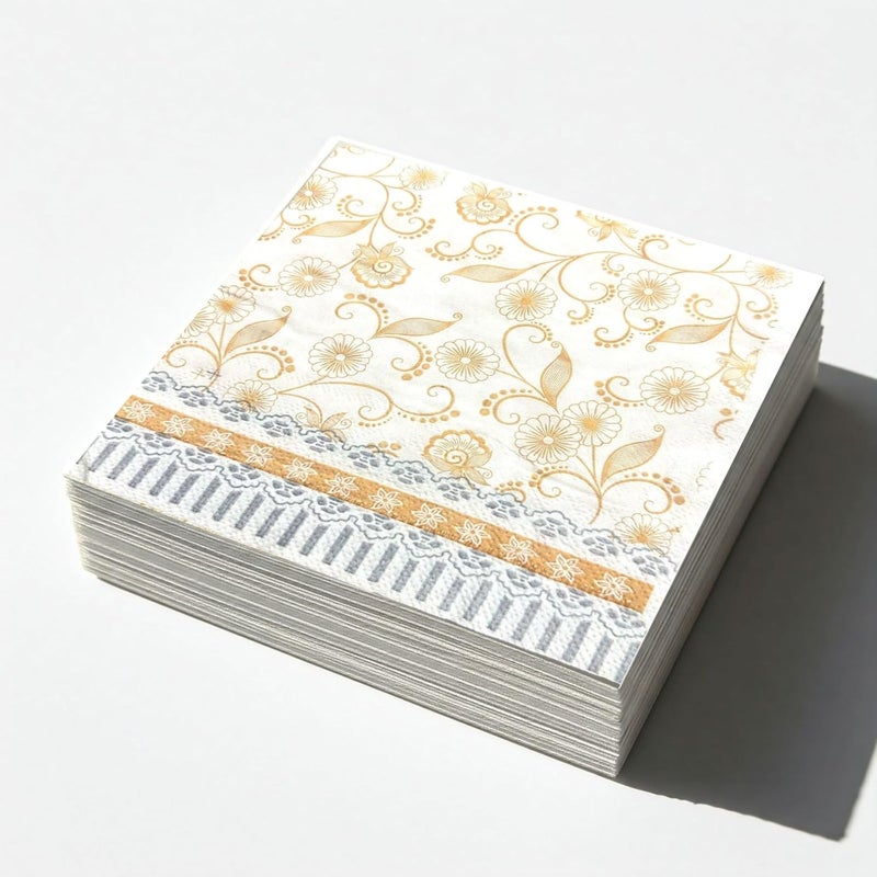 NICE Touch مناديل ورقية مطبوعة بلمسة حريرية (50 سحب لكل عبوة، 200 ورقة، 33 × 33 سم) | عبوة من 4 مناديل مطبوعة | مناديل طاولة 2 طبقة | أساسية للحفلات | أنماط زهرية وهندسية، ذهبية وفضية - Image 3