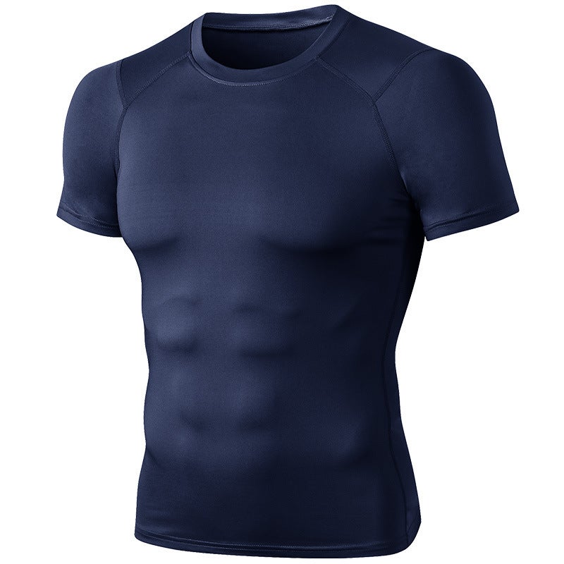 Generic Summer mens PRO fitness short-sleeved tights running basketball training sportswear high elastic wicking quick-drying top T-shirt Navy blue