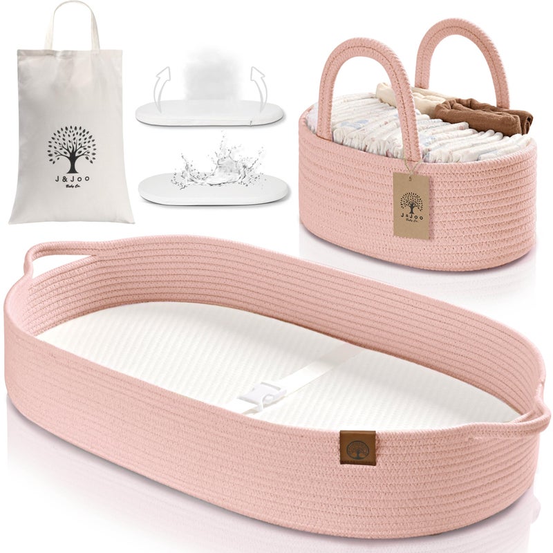 JJOO Baby Changing Basket includes Diaper Caddy Breathable Waterproof DualCover Portable Changing Pad for Dresser Changing Table Gift for Baby Shower Cotton Rope Basket for Baby