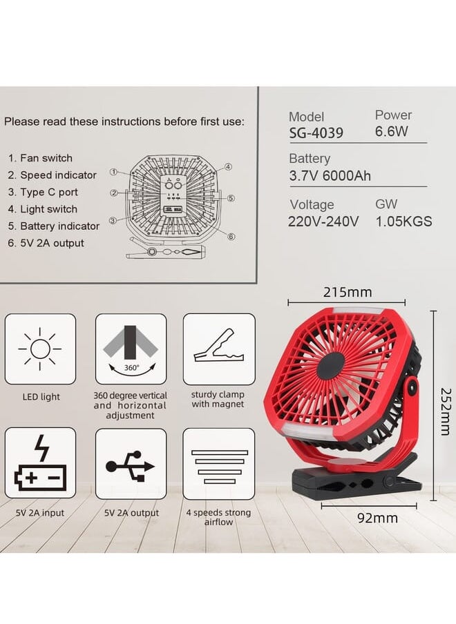 Stargold Rechargeable Clip Fan 8 Inch Ac Dc With Led Light Red  - Image 3