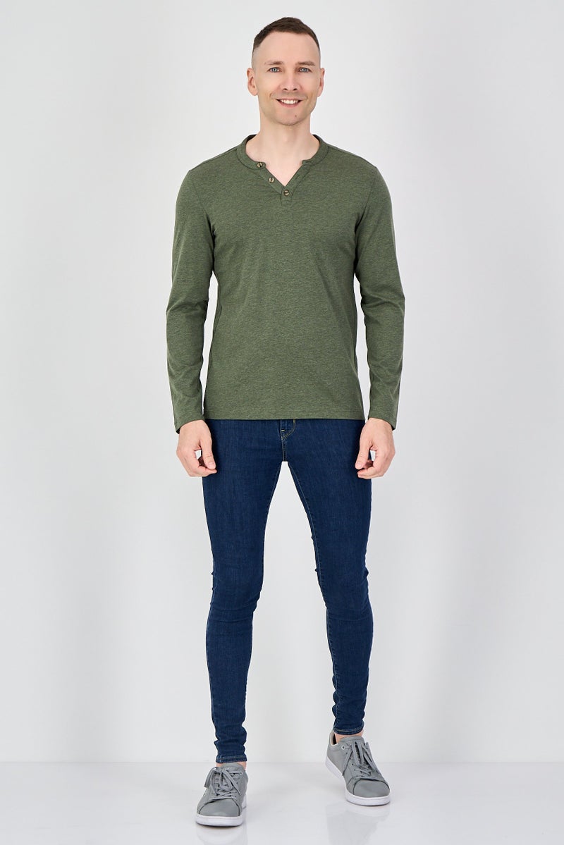 Celio Men Split Neck Long Sleeve Solid T-Shirt, Khaki - Image 4