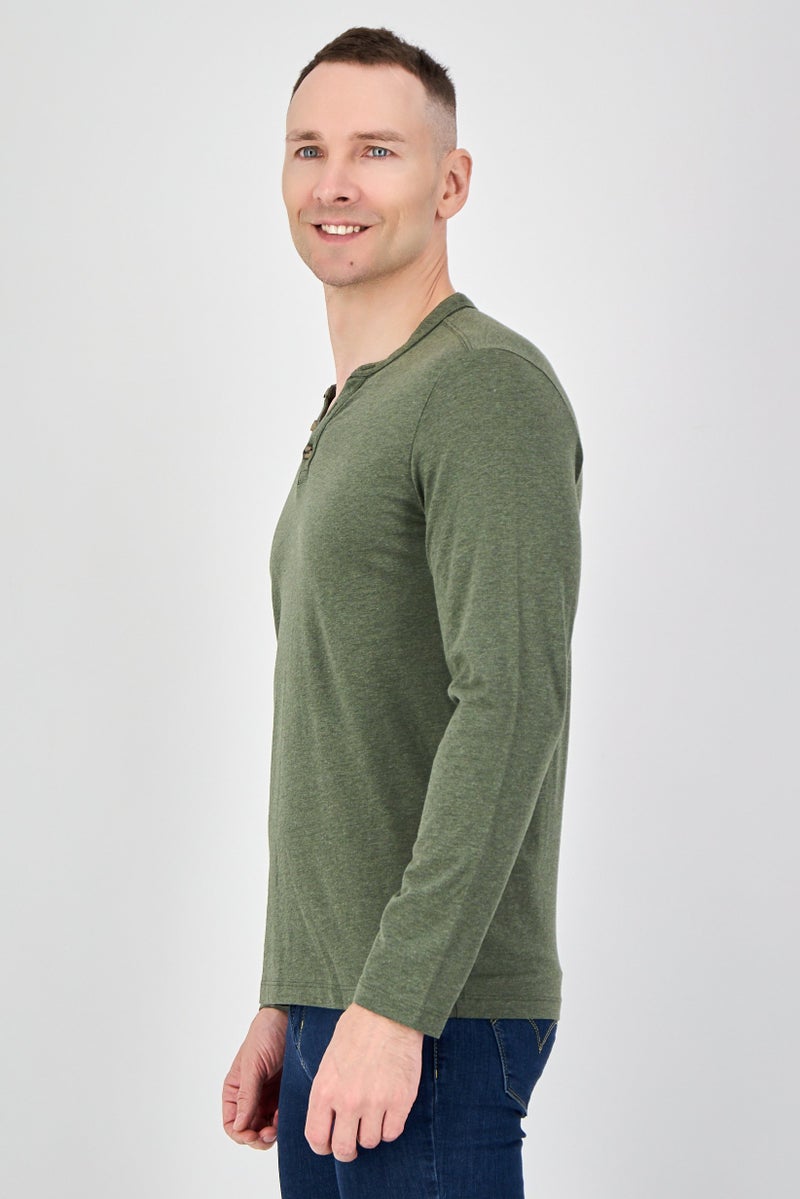 Celio Men Split Neck Long Sleeve Solid T-Shirt, Khaki - Image 2