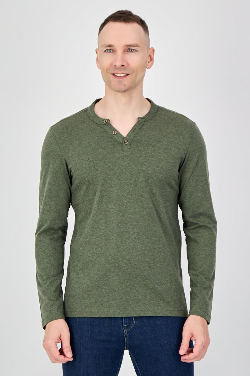 Celio Men Split Neck Long Sleeve Solid T-Shirt, Khaki - Image 1