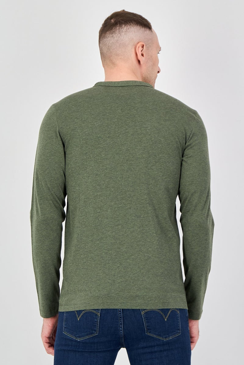 Celio Men Split Neck Long Sleeve Solid T-Shirt, Khaki - Image 3