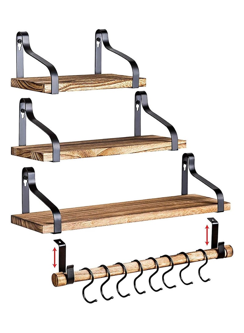 XiuWoo Set of 3 Wall Mounted Floating Shelves, With Towel Rail and 8 Removable Hooks, Wall Shelf, lod capacity 18 kg, Rustic Storage Shelves, for Living Room Bedroom Kitchen Bathroom Hallway  - Image 1