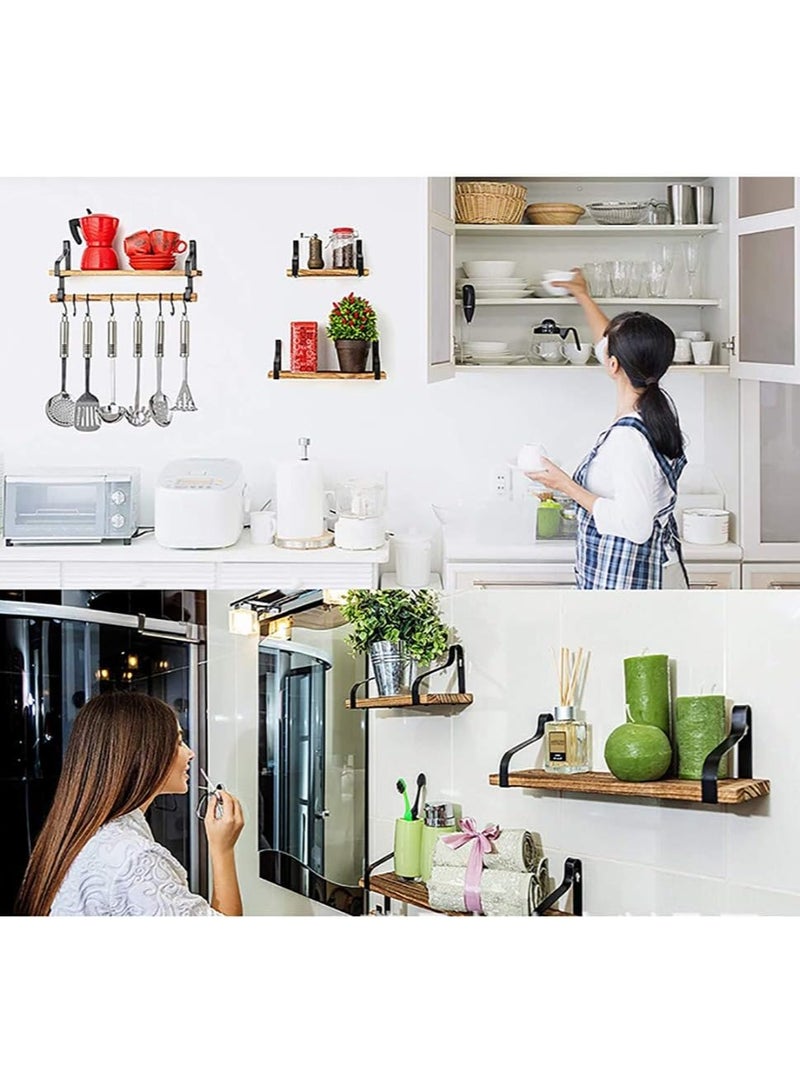 XiuWoo Set of 3 Wall Mounted Floating Shelves, With Towel Rail and 8 Removable Hooks, Wall Shelf, lod capacity 18 kg, Rustic Storage Shelves, for Living Room Bedroom Kitchen Bathroom Hallway  - Image 4