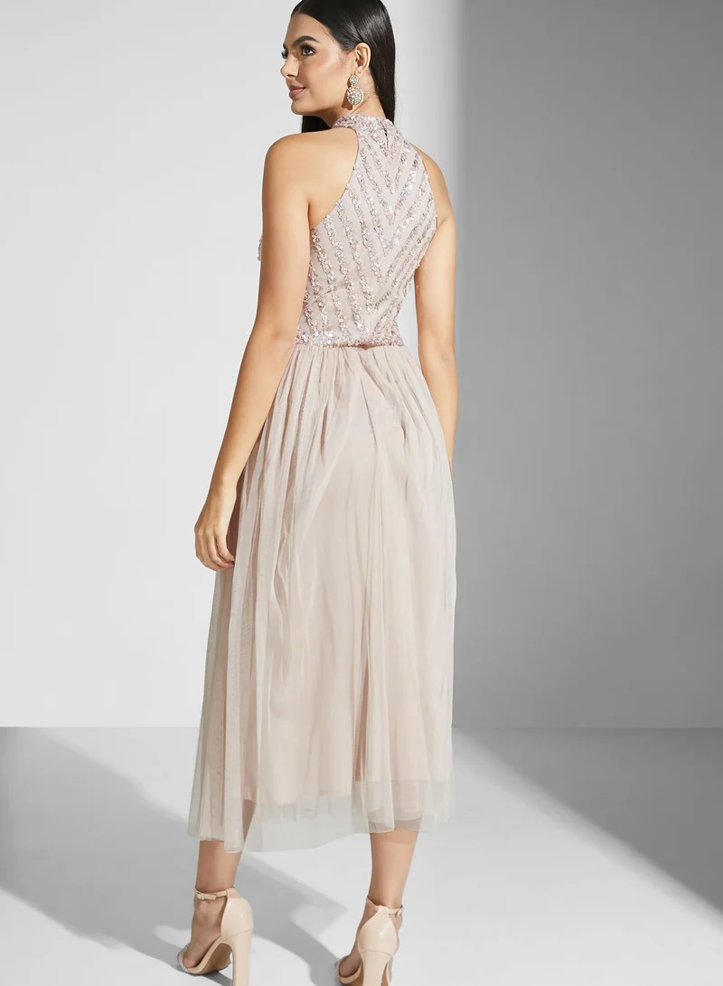 Namshi x Shouq Halter Embellished Fit And Flare Dress