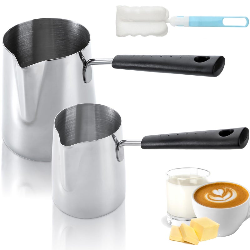 Dicunoy Set of 2 Milk Butter Warmer Pot, 12oz/22oz Turkish Coffee Pot, Stovetop Chocolate Melting Pan, Cezve Ibrik Briki Greek Arabic Coffee Maker for Maple Syrup, Sauce Heating, 18/8 Stainless Steel - Image 1