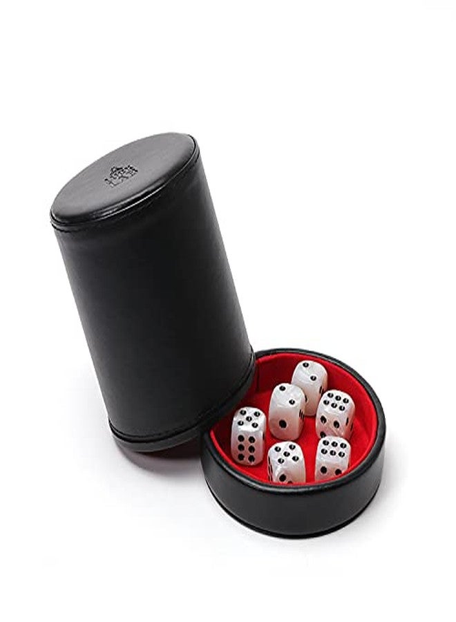 Luck Lab Black Leather Dice Cup with Lid Including 6 Matching Pearl Dice - Red Velvet Interior for Quiet Shaking - Use for Liars Dice Farkle Yahtzee Board Games - Image 2