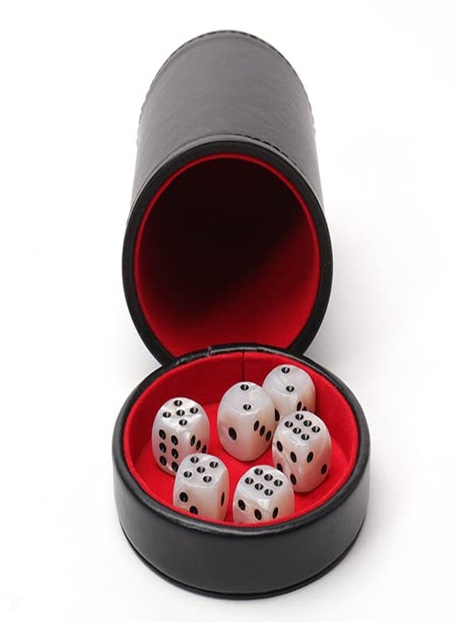 Luck Lab Black Leather Dice Cup with Lid Including 6 Matching Pearl Dice - Red Velvet Interior for Quiet Shaking - Use for Liars Dice Farkle Yahtzee Board Games - Image 3