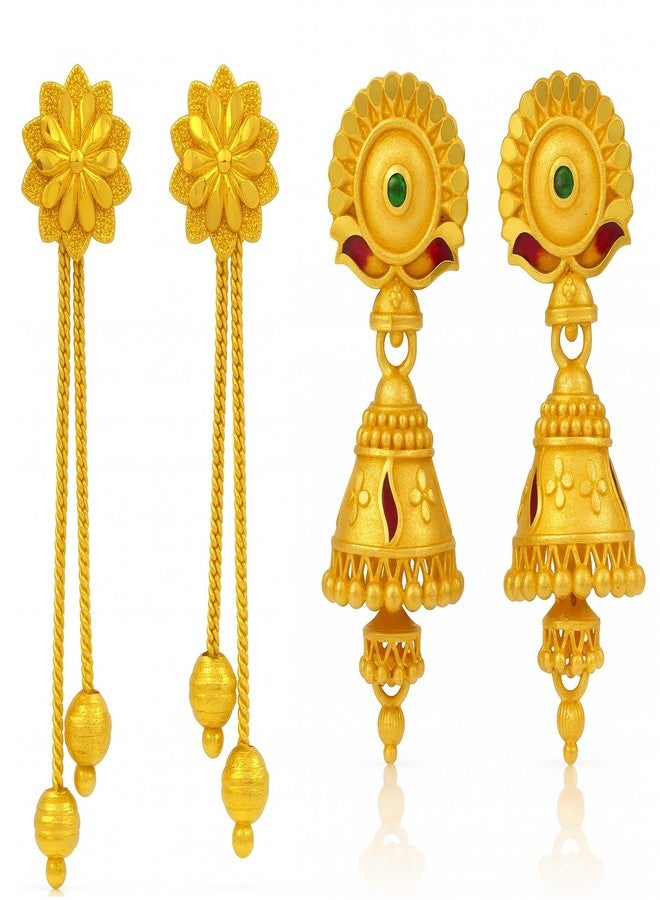 DEW MAT Jhumka Earrings with Long Danglers | Ethnic Wedding & Festival Jewellery | Indian Temple Style - Gold Finish | Earrings with Floral Stud Combo for Women & Girls | Height 45mm - Image 1