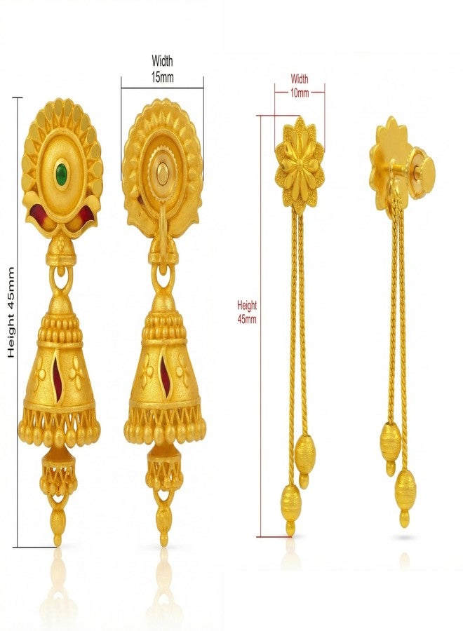 DEW MAT Jhumka Earrings with Long Danglers | Ethnic Wedding & Festival Jewellery | Indian Temple Style - Gold Finish | Earrings with Floral Stud Combo for Women & Girls | Height 45mm - Image 2
