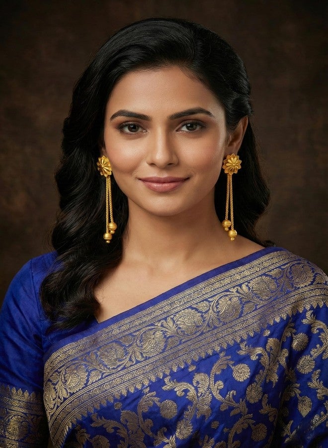 DEW MAT Jhumka Earrings with Long Danglers | Ethnic Wedding & Festival Jewellery | Indian Temple Style - Gold Finish | Earrings with Floral Stud Combo for Women & Girls | Height 45mm - Image 4