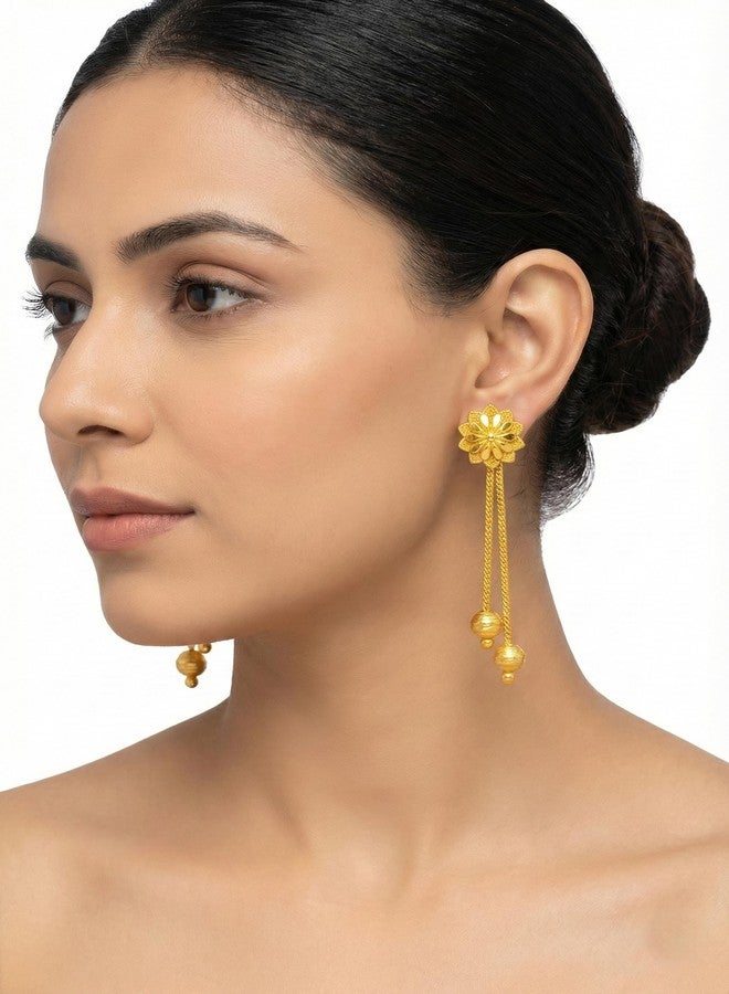 DEW MAT Jhumka Earrings with Long Danglers | Ethnic Wedding & Festival Jewellery | Indian Temple Style - Gold Finish | Earrings with Floral Stud Combo for Women & Girls | Height 45mm - Image 5