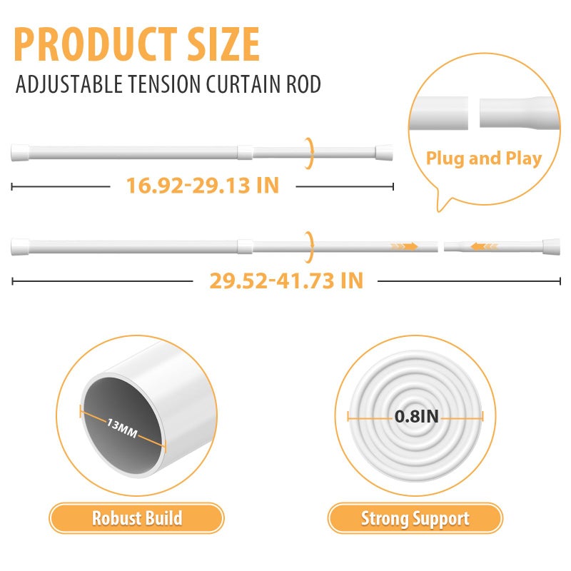 FVONZN Spring Tension Curtain Rod 17-41inch Adjustable Spring Curtain Rods No Drilling White Small Tension Rods Short Tension Rod Closet Rod Expandable Spring Loaded Curtain Rods for Windows - Image 2