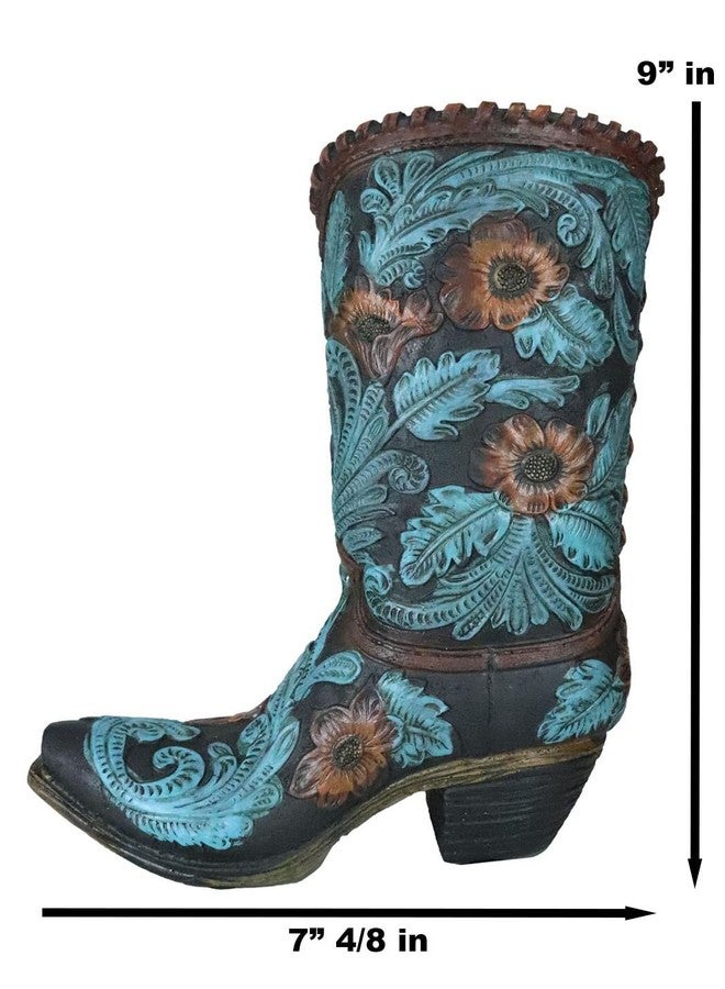 Ebros Gift Ebros Rustic Southwestern Turquoise Floral Scroll Lace Damask Patterns Cowboy Cowgirl On Horse Boot Decorative Figurine Or Floral Vase Planter Tooled Leather Finish Table Shelf Countertop Accent - Image 3