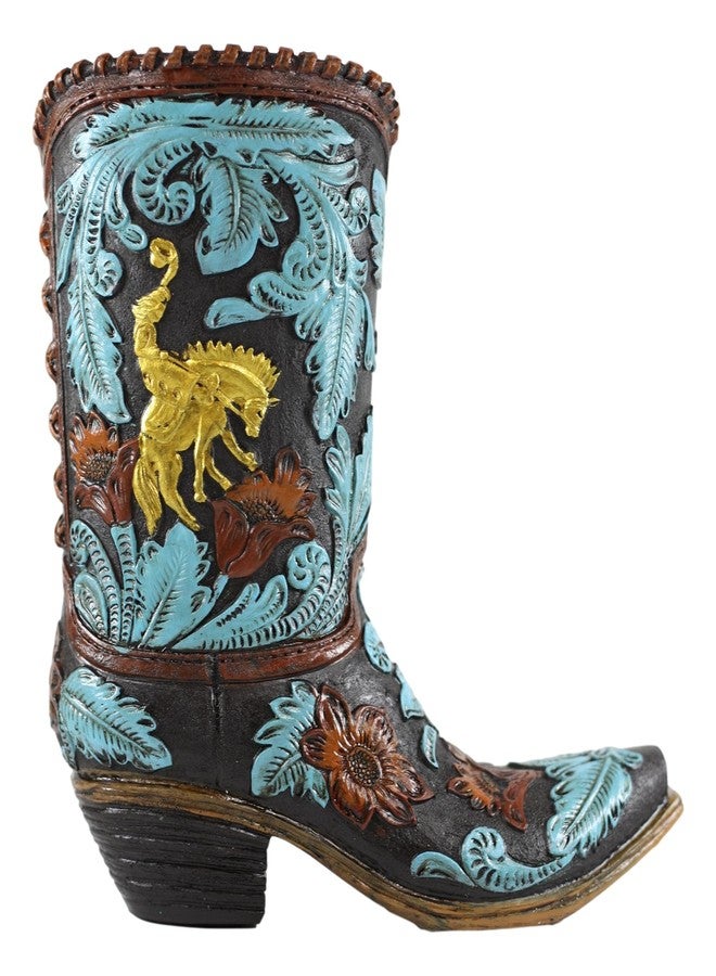 Ebros Gift Ebros Rustic Southwestern Turquoise Floral Scroll Lace Damask Patterns Cowboy Cowgirl On Horse Boot Decorative Figurine Or Floral Vase Planter Tooled Leather Finish Table Shelf Countertop Accent - Image 1