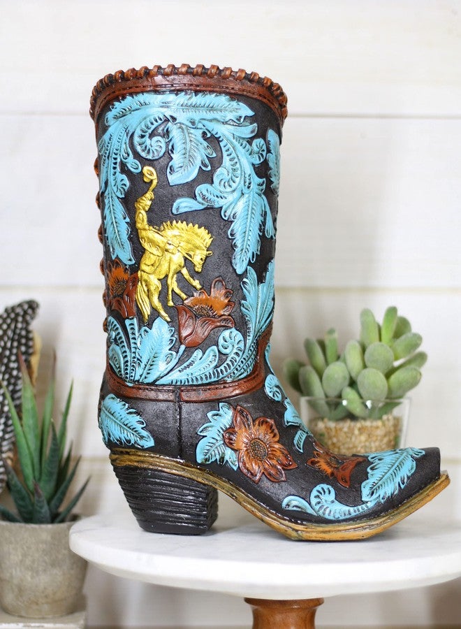 Ebros Gift Ebros Rustic Southwestern Turquoise Floral Scroll Lace Damask Patterns Cowboy Cowgirl On Horse Boot Decorative Figurine Or Floral Vase Planter Tooled Leather Finish Table Shelf Countertop Accent - Image 2