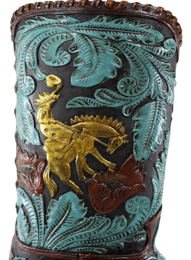 Ebros Gift Ebros Rustic Southwestern Turquoise Floral Scroll Lace Damask Patterns Cowboy Cowgirl On Horse Boot Decorative Figurine Or Floral Vase Planter Tooled Leather Finish Table Shelf Countertop Accent - Image 4