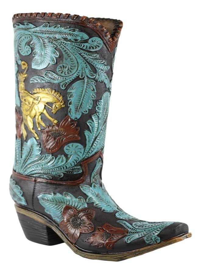 Ebros Gift Ebros Rustic Southwestern Turquoise Floral Scroll Lace Damask Patterns Cowboy Cowgirl On Horse Boot Decorative Figurine Or Floral Vase Planter Tooled Leather Finish Table Shelf Countertop Accent - Image 5