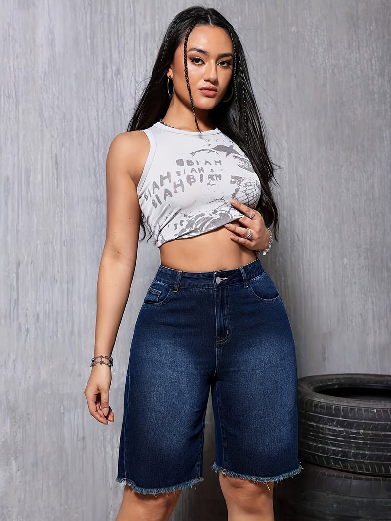 Elastic Fringed Five Quarter Denim Jeans for Women, Denim Mid Pants - Image 4