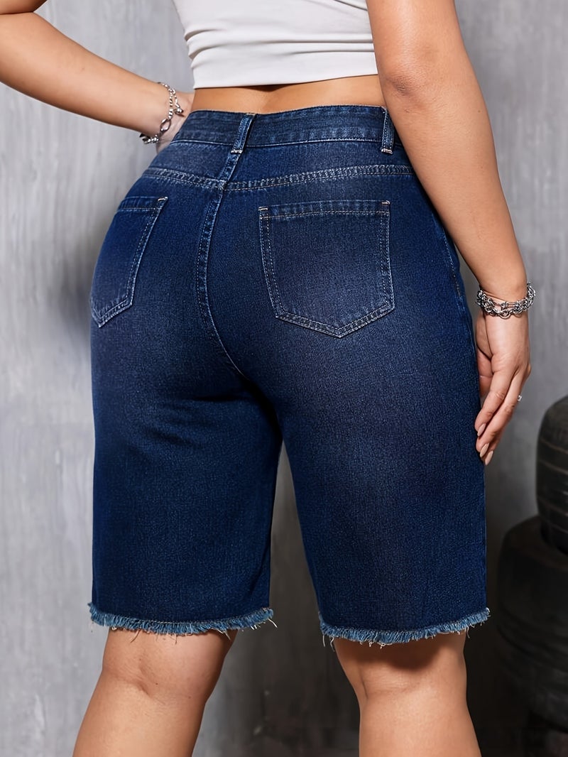 Elastic Fringed Five Quarter Denim Jeans for Women, Denim Mid Pants - Image 5