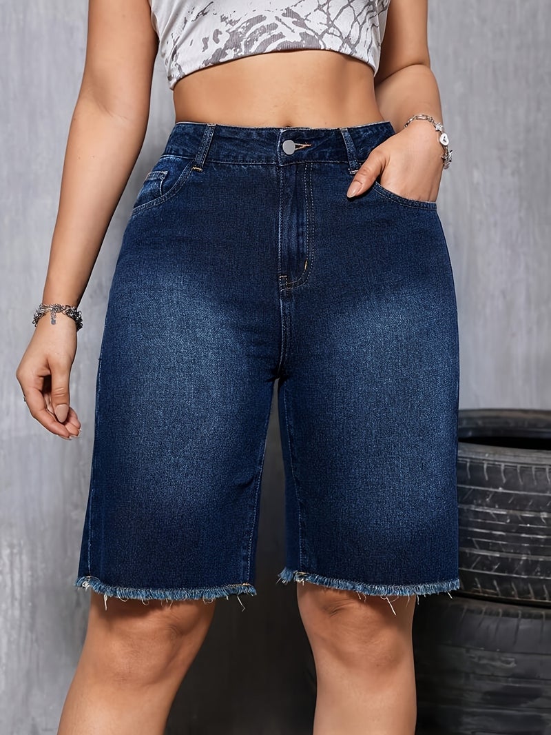 Elastic Fringed Five Quarter Denim Jeans for Women, Denim Mid Pants - Image 2