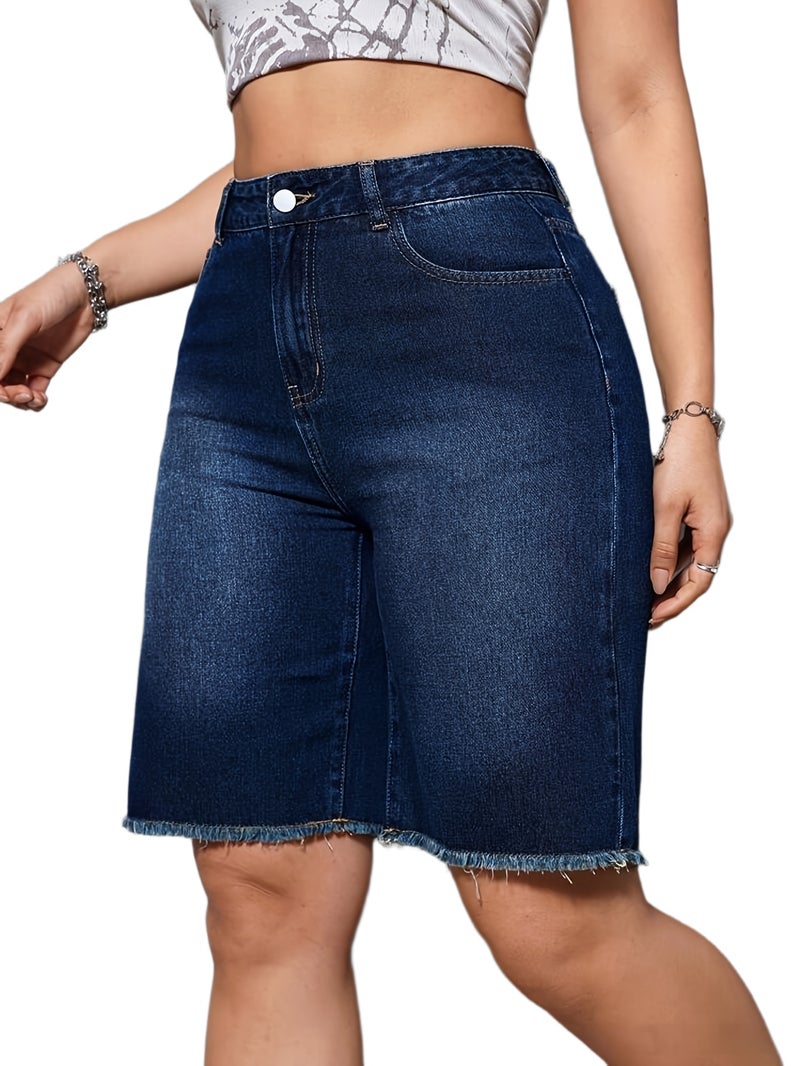 Elastic Fringed Five Quarter Denim Jeans for Women, Denim Mid Pants - Image 1