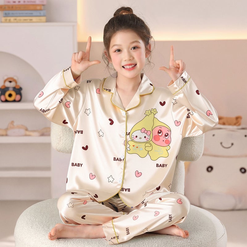 Girls' Ice Silk Long Sleeve Pyjama Set - Image 3