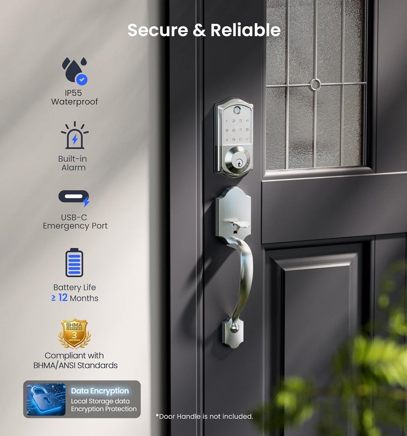 Veise VE017 Fingerprint Smart Door Lock, App Control, 7-in-1 Keyless Entry, Auto Lock, Emergency Power Port, Electronic Touchscreen Keypad, Biometric Smart Locks for Front Door, Satin Nickel - Image 5