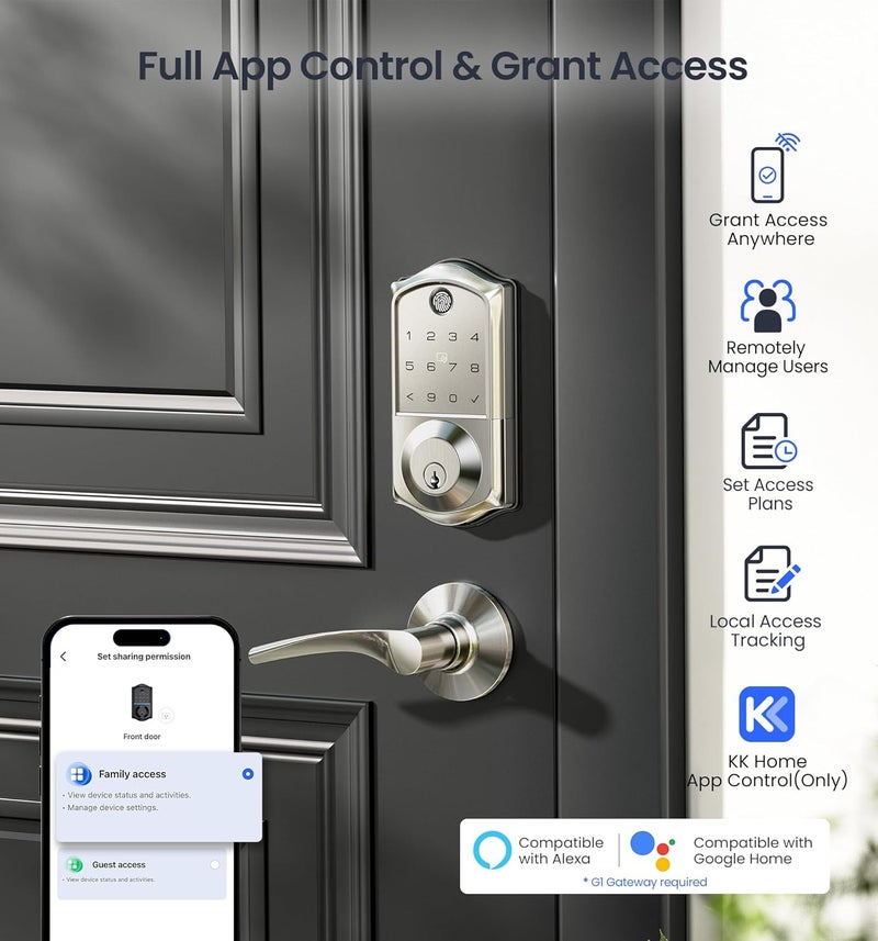 Veise VE017 Fingerprint Smart Door Lock, App Control, 7-in-1 Keyless Entry, Auto Lock, Emergency Power Port, Electronic Touchscreen Keypad, Biometric Smart Locks for Front Door, Satin Nickel - Image 2