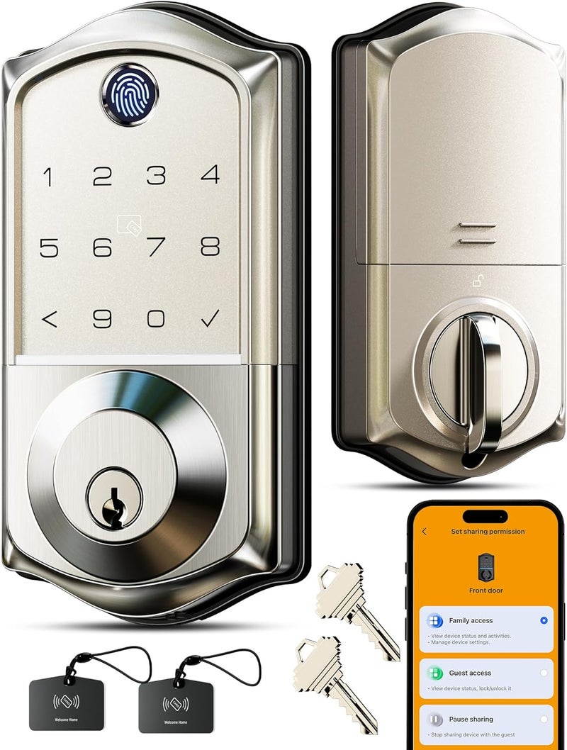 Veise VE017 Fingerprint Smart Door Lock, App Control, 7-in-1 Keyless Entry, Auto Lock, Emergency Power Port, Electronic Touchscreen Keypad, Biometric Smart Locks for Front Door, Satin Nickel - Image 1