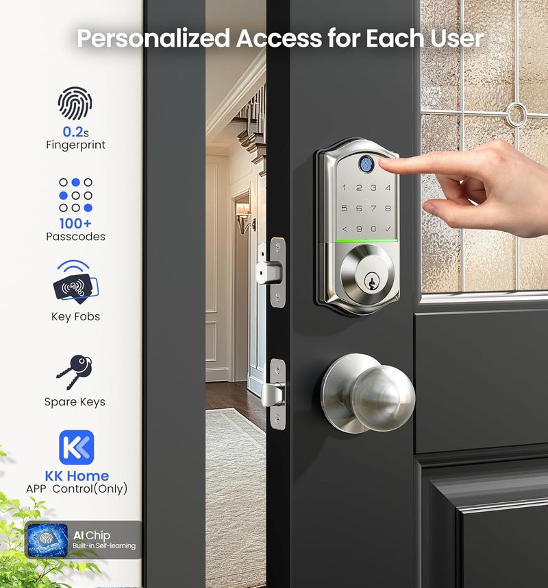 Veise VE017 Fingerprint Smart Door Lock, App Control, 7-in-1 Keyless Entry, Auto Lock, Emergency Power Port, Electronic Touchscreen Keypad, Biometric Smart Locks for Front Door, Satin Nickel - Image 3