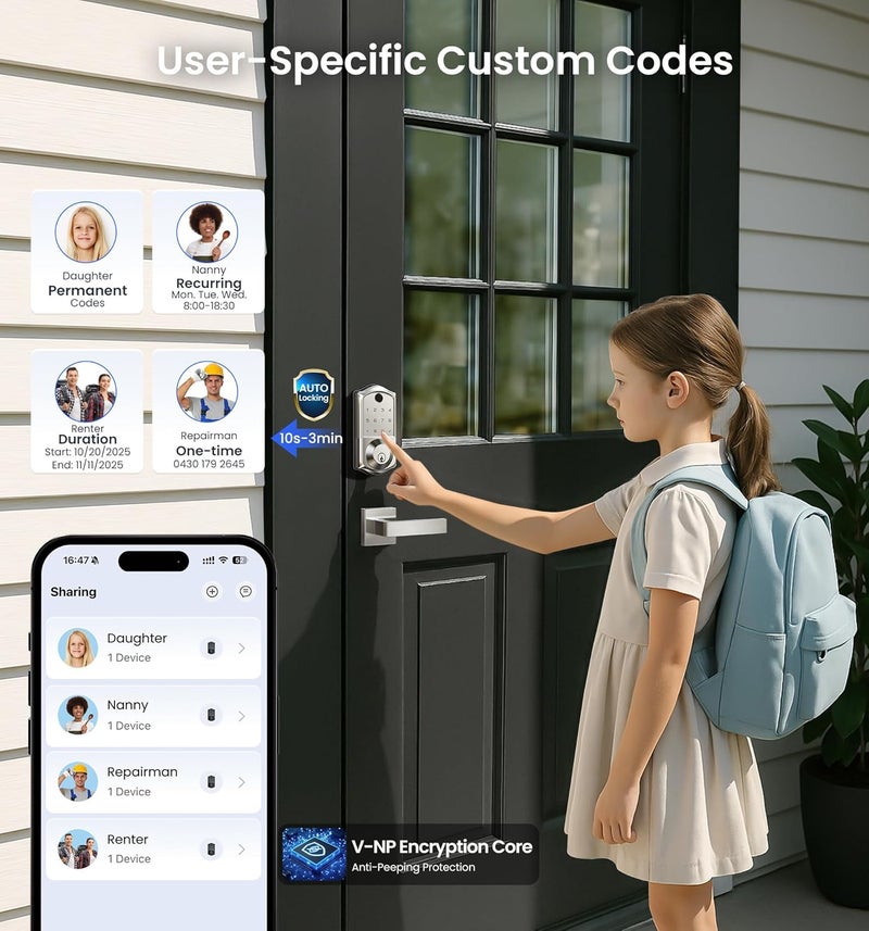 Veise VE017 Fingerprint Smart Door Lock, App Control, 7-in-1 Keyless Entry, Auto Lock, Emergency Power Port, Electronic Touchscreen Keypad, Biometric Smart Locks for Front Door, Satin Nickel - Image 4