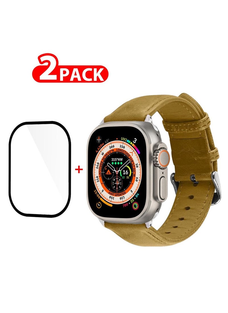 CATANES 2 Packs For Apple Watch Band 49mm Leather Band Buckle Strap Wristband and 3D Screen Protector Brown  - Image 1
