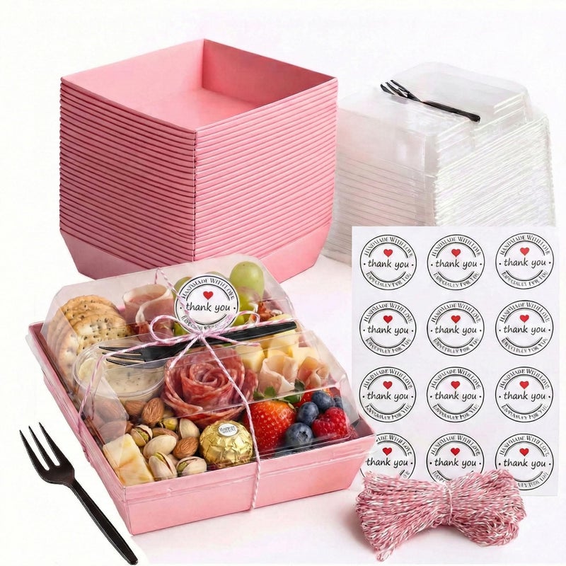 Leafiew 50 Pack Clear Treat Boxes with Forks - Small Dessert Boxes To Go - 5 Inch Disposable Paper Mini Containers for Cookie, Cake Slice, Charcuterie, Bakery, Strawberry, Baked Goods Packaging (Pink) - Image 1