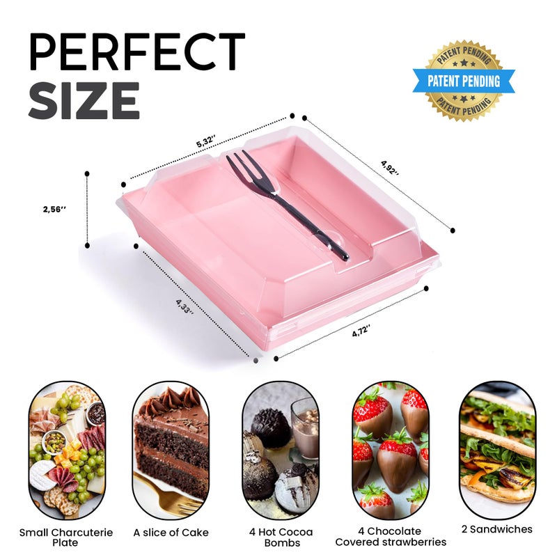 Leafiew 50 Pack Clear Treat Boxes with Forks - Small Dessert Boxes To Go - 5 Inch Disposable Paper Mini Containers for Cookie, Cake Slice, Charcuterie, Bakery, Strawberry, Baked Goods Packaging (Pink) - Image 2