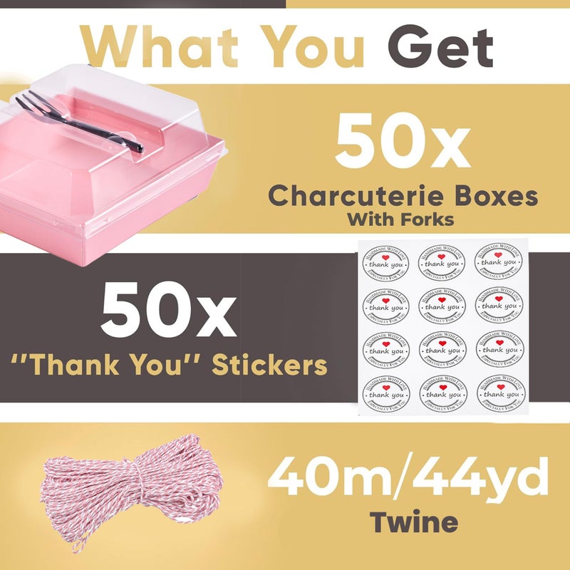 Leafiew 50 Pack Clear Treat Boxes with Forks - Small Dessert Boxes To Go - 5 Inch Disposable Paper Mini Containers for Cookie, Cake Slice, Charcuterie, Bakery, Strawberry, Baked Goods Packaging (Pink) - Image 3