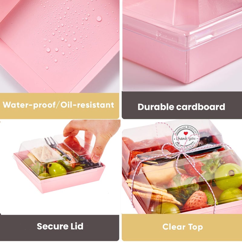Leafiew 50 Pack Clear Treat Boxes with Forks - Small Dessert Boxes To Go - 5 Inch Disposable Paper Mini Containers for Cookie, Cake Slice, Charcuterie, Bakery, Strawberry, Baked Goods Packaging (Pink) - Image 4