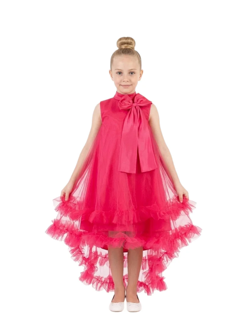 Bidani Girls’ Hot Pink Ruffle Tulle High-Low Gown