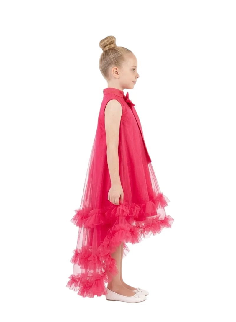 Bidani Girls’ Hot Pink Ruffle Tulle High-Low Gown