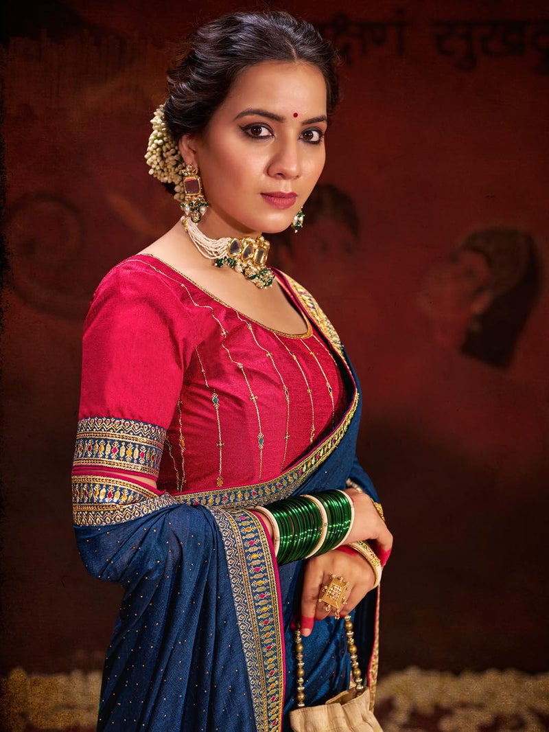 SAREE MALL Women's Navy Blue Vichitra Silk Embroidered Saree with Unstitched Blouse Piece(AYUSHI4005_SUM) - Image 3