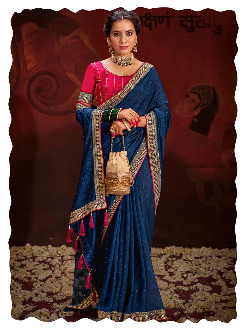 SAREE MALL Women's Navy Blue Vichitra Silk Embroidered Saree with Unstitched Blouse Piece(AYUSHI4005_SUM) - Image 1