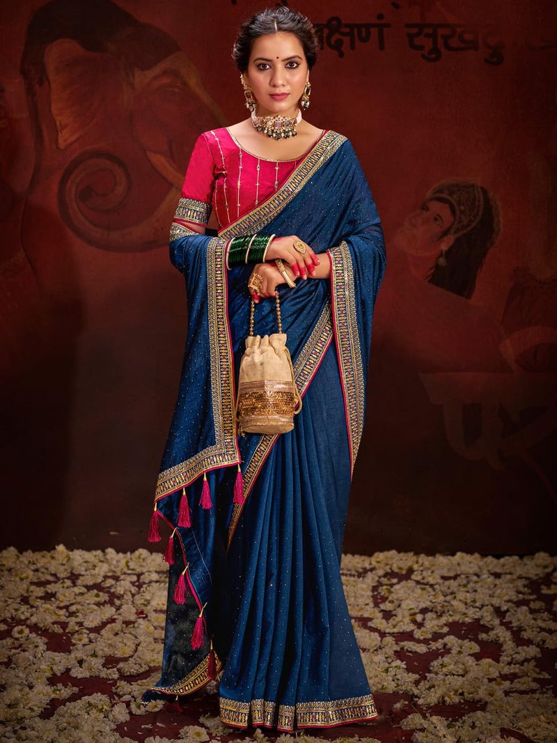 SAREE MALL Women's Navy Blue Vichitra Silk Embroidered Saree with Unstitched Blouse Piece(AYUSHI4005_SUM) - Image 2