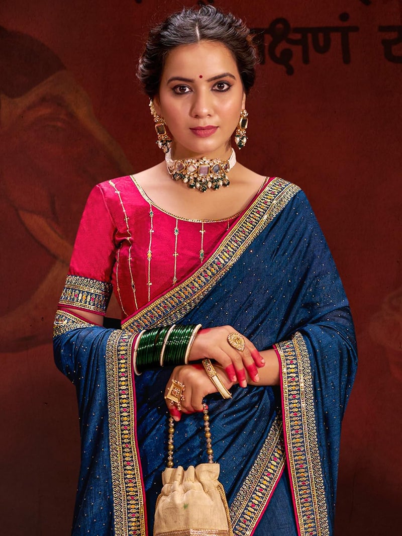 SAREE MALL Women's Navy Blue Vichitra Silk Embroidered Saree with Unstitched Blouse Piece(AYUSHI4005_SUM) - Image 4