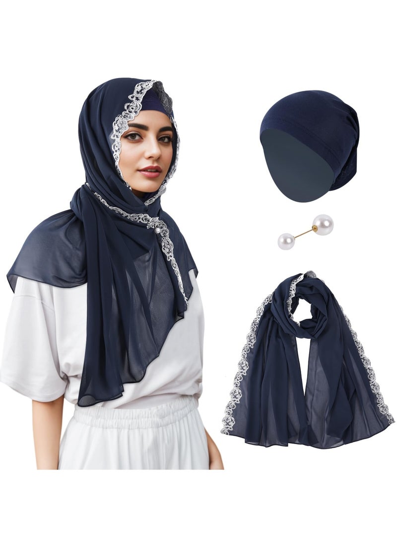Zikra Embroidery Lace Hijab Sets, Chiffon Scarf with Matching Tube Undercap Pins for Women - Image 1
