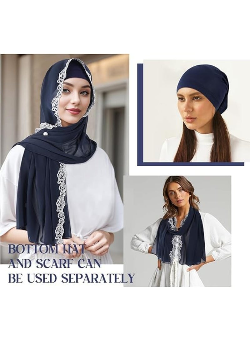 Zikra Embroidery Lace Hijab Sets, Chiffon Scarf with Matching Tube Undercap Pins for Women - Image 2