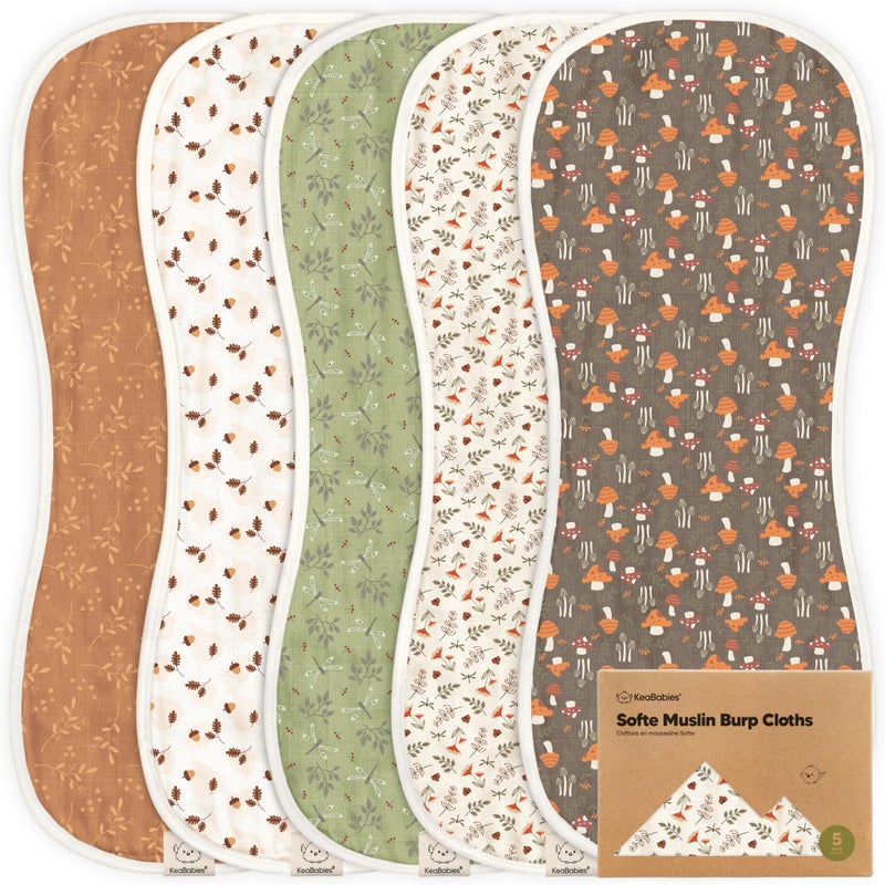 KeaBabies 5-Pack Muslin Burp Cloths Baby Boy, Girl - Very Absorbent Baby Burp Cloth Rags, 8-Layers Viscose Derived from Bamboo Cotton Muslin Towel, Super Soft Spit Up Rags, No Shrink Washcloths (Fall Spores) - Image 1